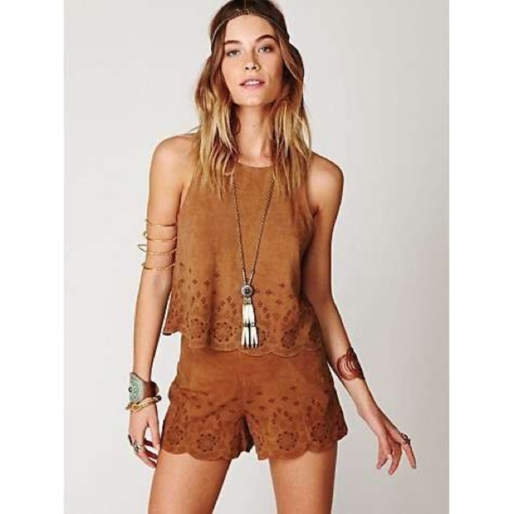 Free People Laser Cut Leather Suede Mini Shorts sz 6